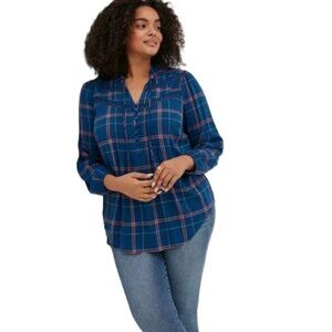 Torrid 1 1X NEW Lenny Blue Plaid Top Ruffle Crochet Lace Pintuck Pleats Plus
